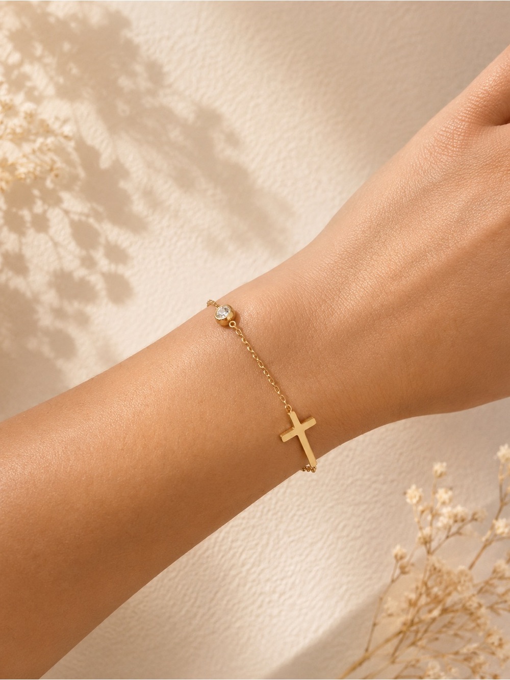 Delicate Gold Plated Cross Bracelet with CZ Accent - Women Jewelry